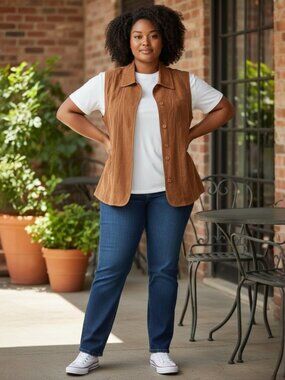 Coldwater Creek Embroidery Sleeveless Button-Front Vest in Rich Tan Size 2X